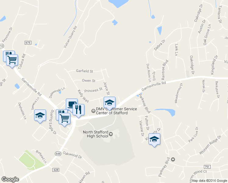 map of restaurants, bars, coffee shops, grocery stores, and more near 27 English Rd in Stafford
