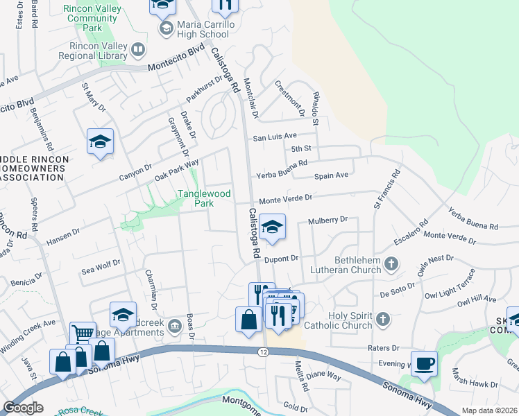 map of restaurants, bars, coffee shops, grocery stores, and more near 5220 Monte Verde Drive in Santa Rosa