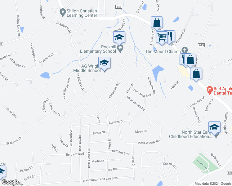 map of restaurants, bars, coffee shops, grocery stores, and more near 162 Choptank Road in Stafford