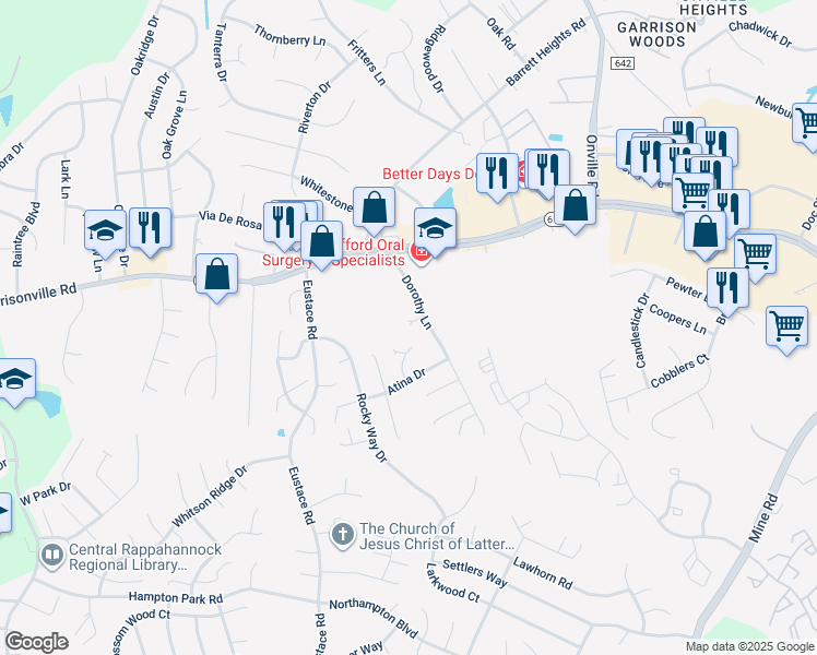 map of restaurants, bars, coffee shops, grocery stores, and more near 40 Dorothy Lane in Stafford