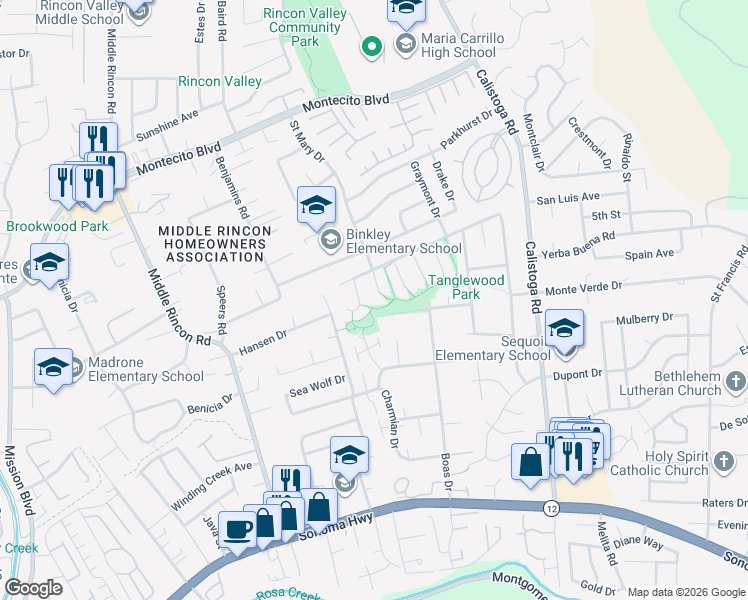 map of restaurants, bars, coffee shops, grocery stores, and more near 409 Saint Mary Place in Santa Rosa