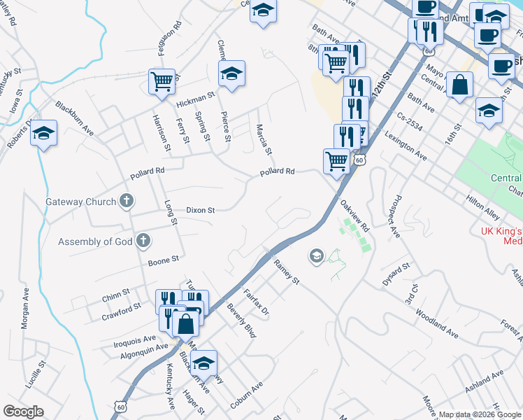 map of restaurants, bars, coffee shops, grocery stores, and more near 1365 Florence Street in Ashland
