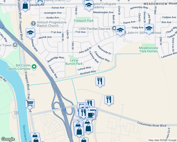 map of restaurants, bars, coffee shops, grocery stores, and more near 1963 Richfield Way in Sacramento