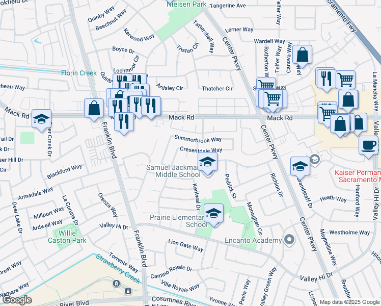 map of restaurants, bars, coffee shops, grocery stores, and more near 2 Summergate Court in Sacramento