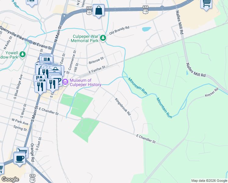 map of restaurants, bars, coffee shops, grocery stores, and more near 704 Electric Avenue in Culpeper