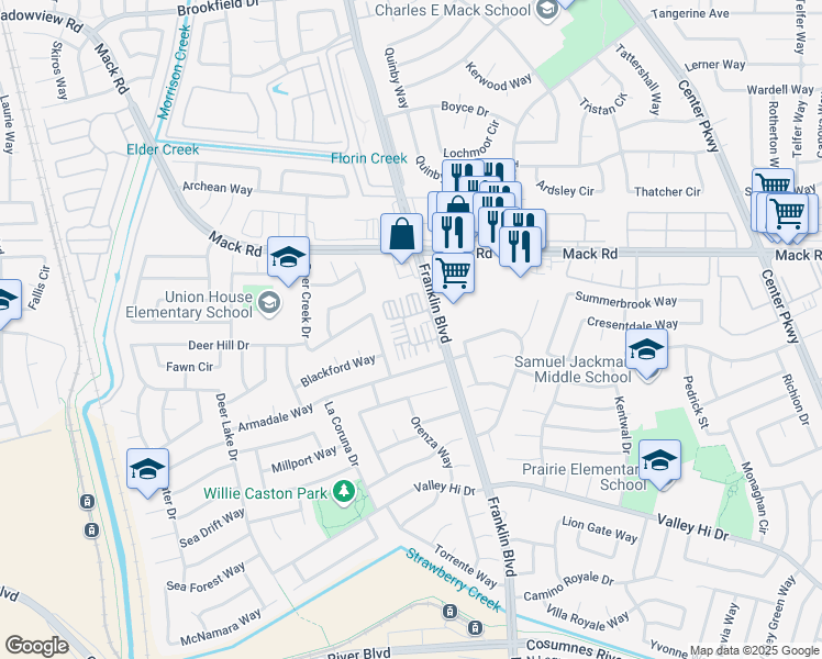 map of restaurants, bars, coffee shops, grocery stores, and more near 4528 Cardona Lane in Sacramento