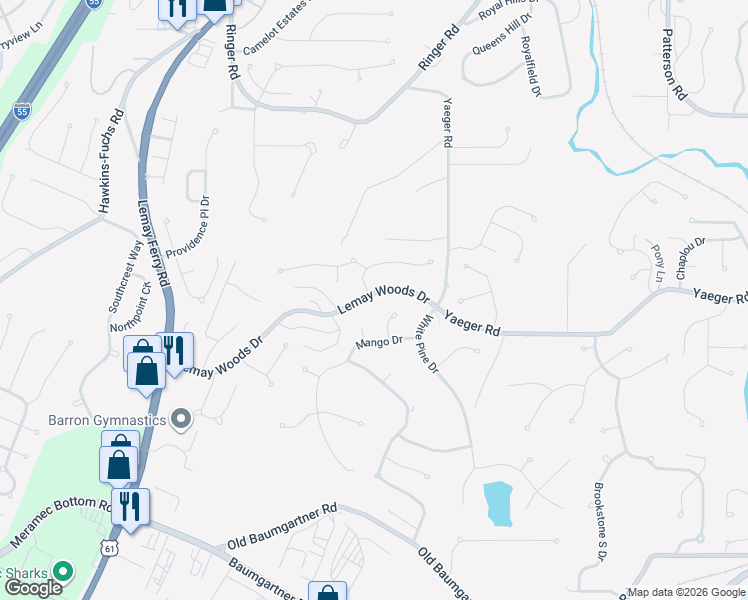 map of restaurants, bars, coffee shops, grocery stores, and more near 3656 Lemay Woods Drive in St. Louis