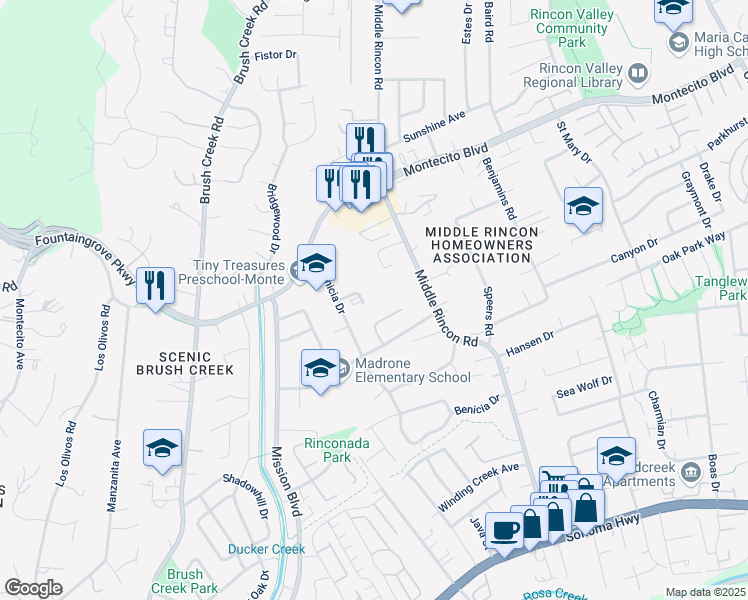map of restaurants, bars, coffee shops, grocery stores, and more near 684 Benicia Drive in Santa Rosa