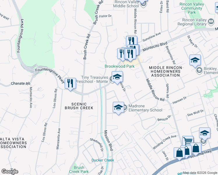 map of restaurants, bars, coffee shops, grocery stores, and more near 6126 Montecito Boulevard in Santa Rosa