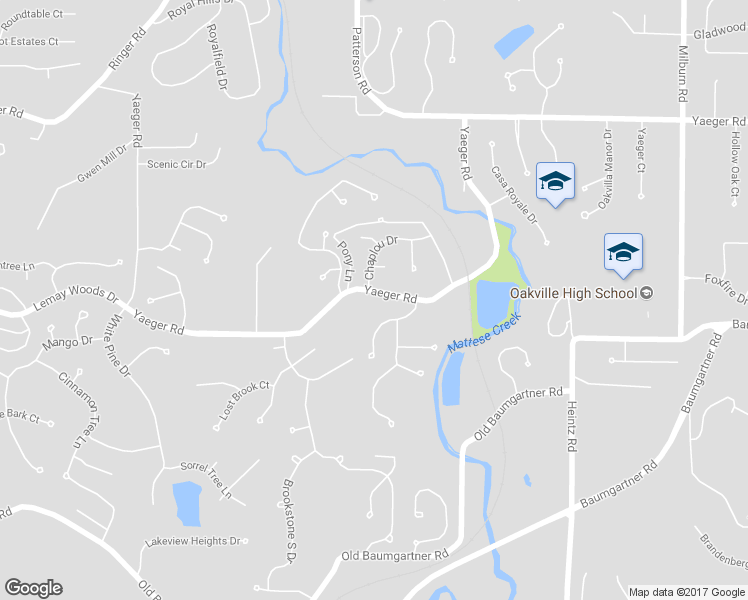 map of restaurants, bars, coffee shops, grocery stores, and more near 3590 Yaeger Road in St. Louis