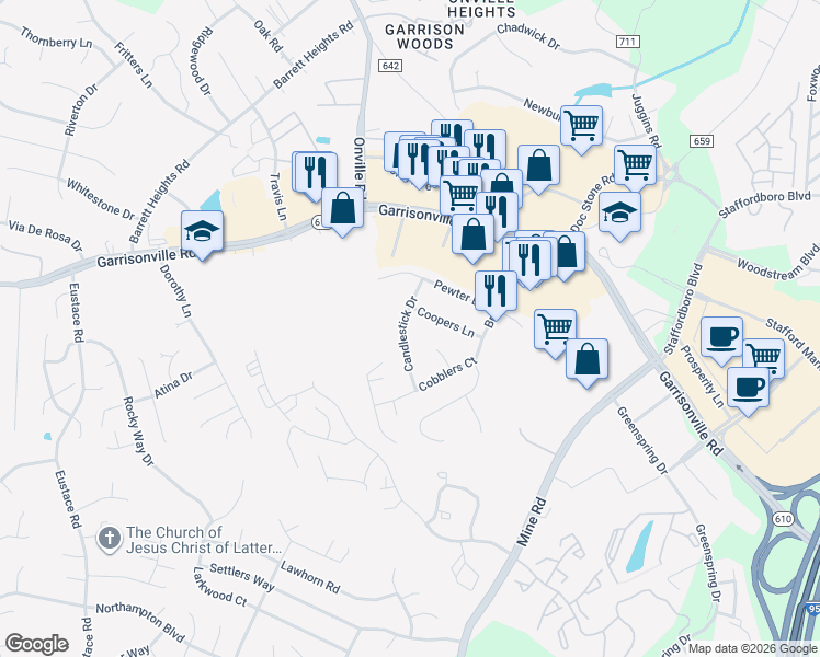 map of restaurants, bars, coffee shops, grocery stores, and more near 108 Candlestick Drive in Stafford