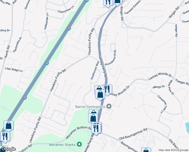 map of restaurants, bars, coffee shops, grocery stores, and more near 5952 South Crest Way in St. Louis