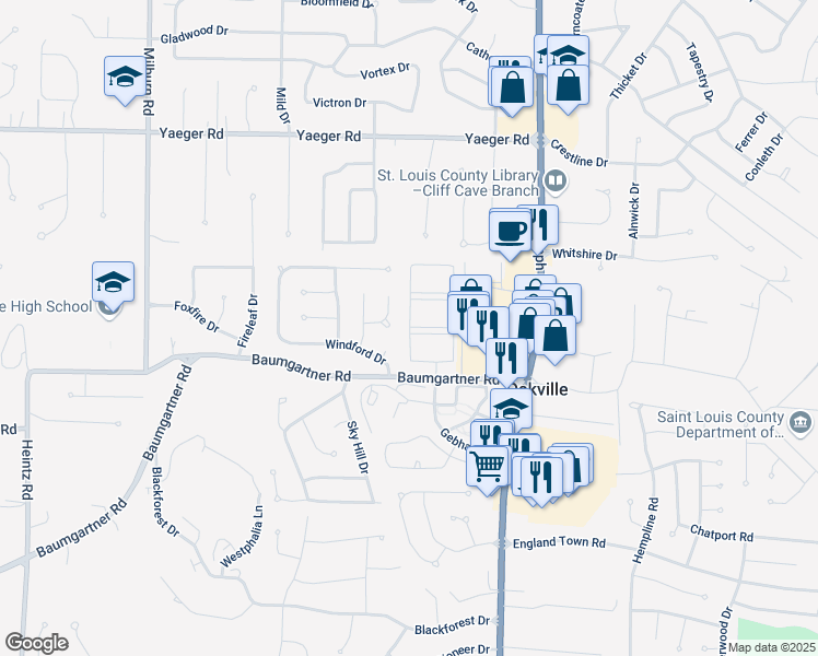 map of restaurants, bars, coffee shops, grocery stores, and more near 5549 Southfield Drive in St. Louis