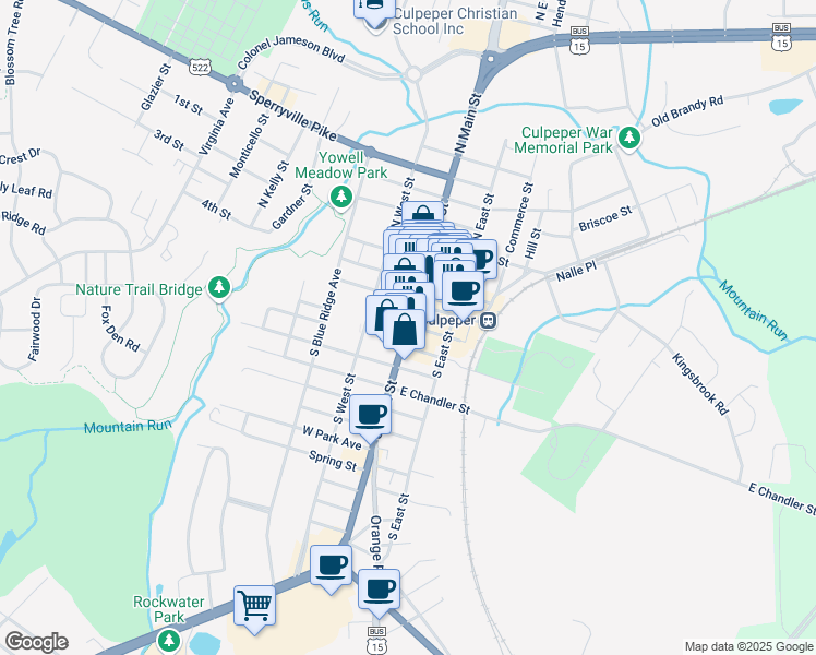 map of restaurants, bars, coffee shops, grocery stores, and more near 303 South Main Street in Culpeper