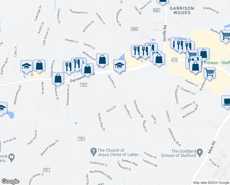 map of restaurants, bars, coffee shops, grocery stores, and more near 42 Dorothy Lane in Stafford