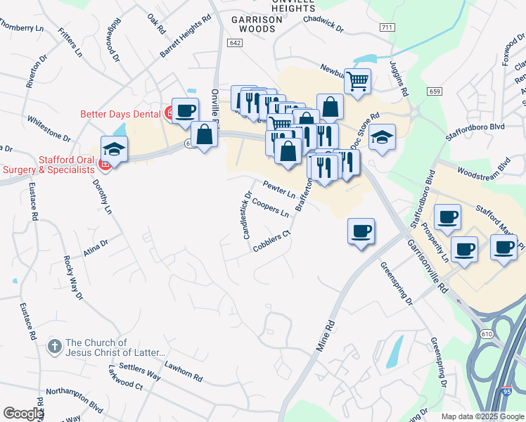 map of restaurants, bars, coffee shops, grocery stores, and more near 112 Coopers Lane in Stafford