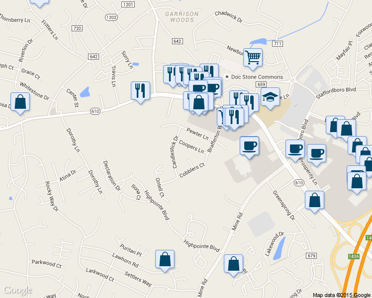 map of restaurants, bars, coffee shops, grocery stores, and more near 112 Coopers Lane in Stafford