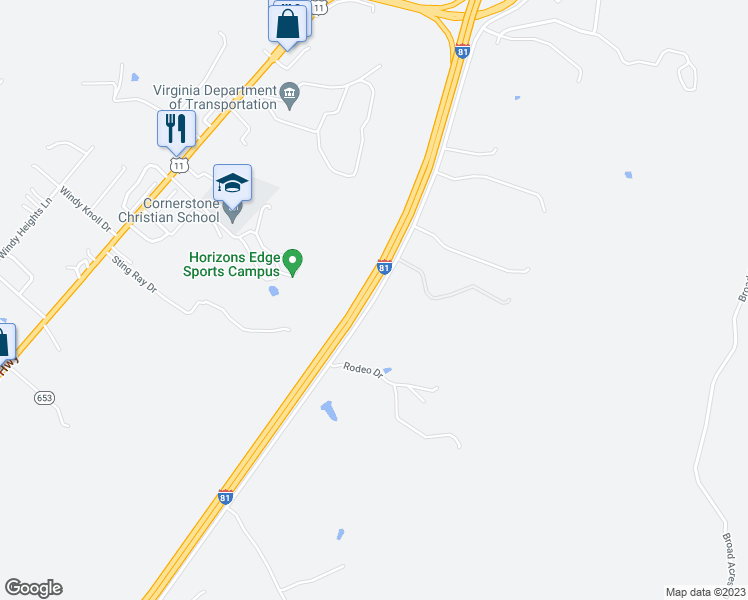 map of restaurants, bars, coffee shops, grocery stores, and more near Buffalo Drive in Harrisonburg