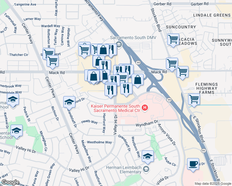 map of restaurants, bars, coffee shops, grocery stores, and more near 6634 Valley Hi Drive in Sacramento
