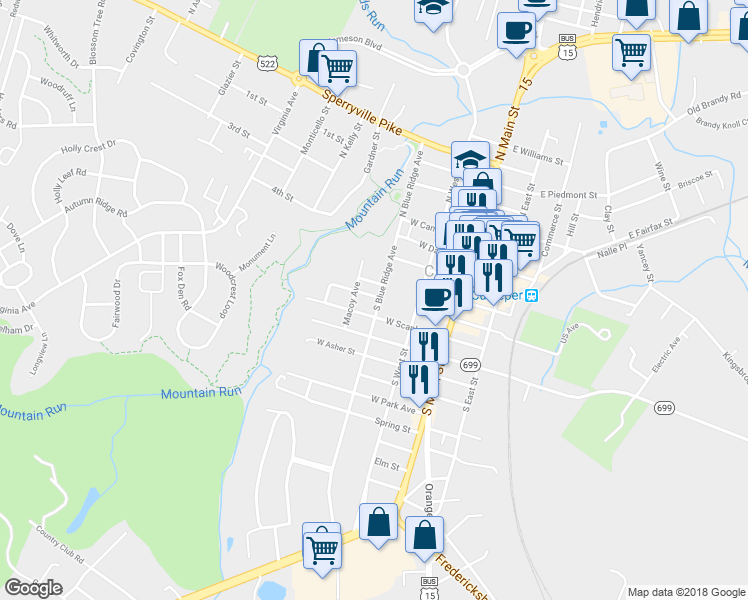 map of restaurants, bars, coffee shops, grocery stores, and more near 402 South Blue Ridge Avenue in Culpeper