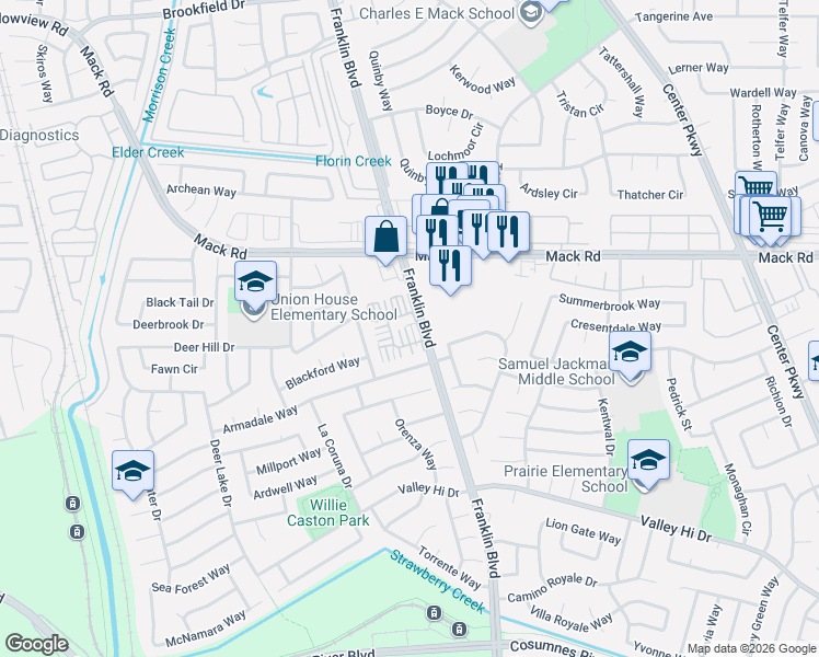 map of restaurants, bars, coffee shops, grocery stores, and more near 4528 Cardona Lane in Sacramento