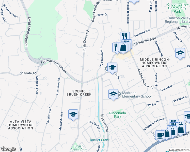 map of restaurants, bars, coffee shops, grocery stores, and more near 6032 Montecito Boulevard in Santa Rosa
