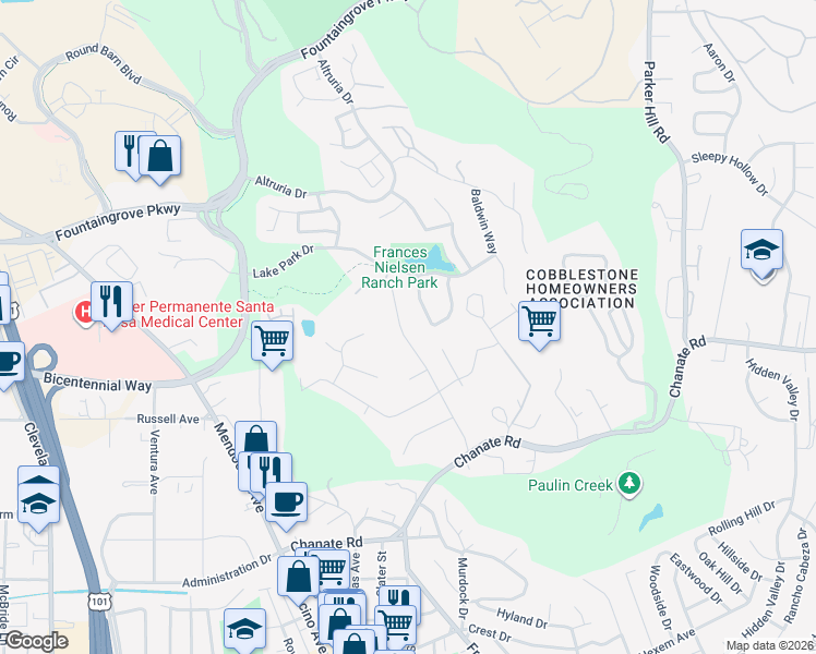 map of restaurants, bars, coffee shops, grocery stores, and more near 3340 Terra Linda Drive in Santa Rosa