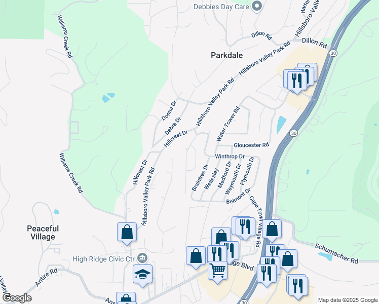 map of restaurants, bars, coffee shops, grocery stores, and more near 2528 Somerville Drive in High Ridge