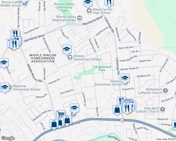 map of restaurants, bars, coffee shops, grocery stores, and more near 401 Korbel Place in Santa Rosa
