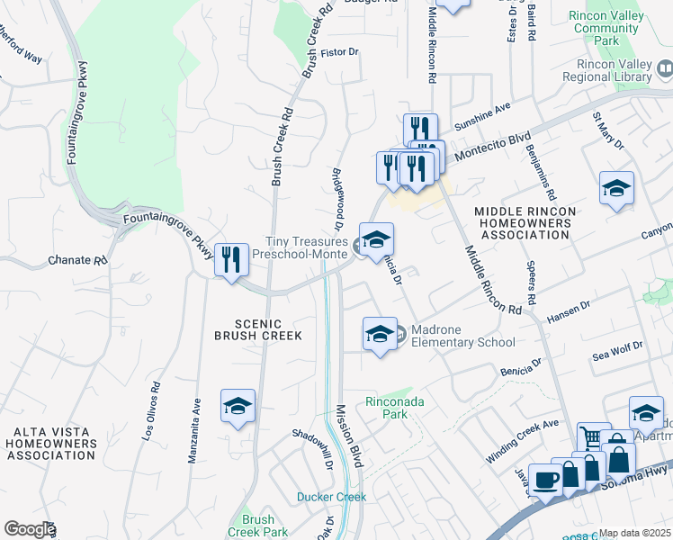 map of restaurants, bars, coffee shops, grocery stores, and more near 6032 Montecito Blvd in Santa Rosa