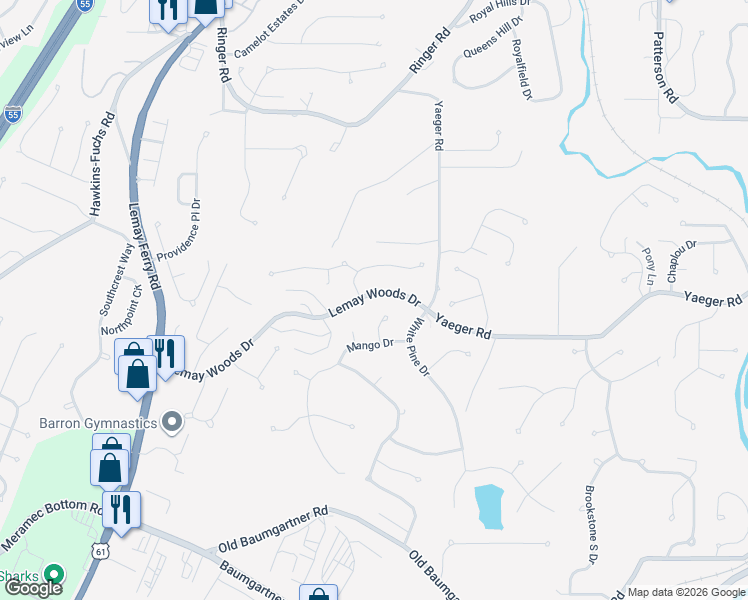 map of restaurants, bars, coffee shops, grocery stores, and more near 3656 Lemay Woods Drive in St. Louis