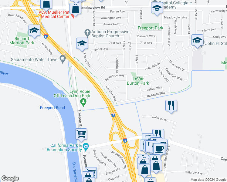map of restaurants, bars, coffee shops, grocery stores, and more near 12 Northwich Court in Sacramento