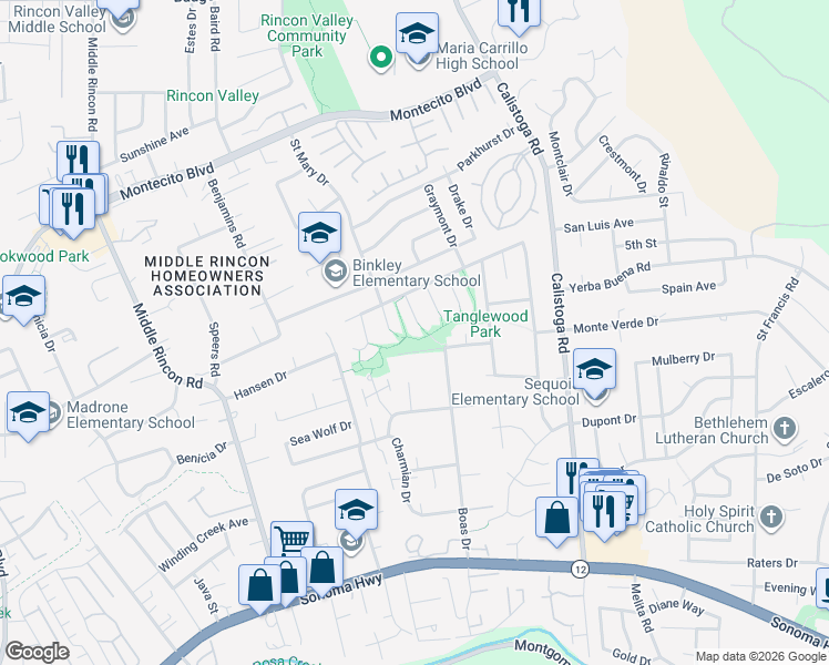 map of restaurants, bars, coffee shops, grocery stores, and more near 401 Korbel Place in Santa Rosa