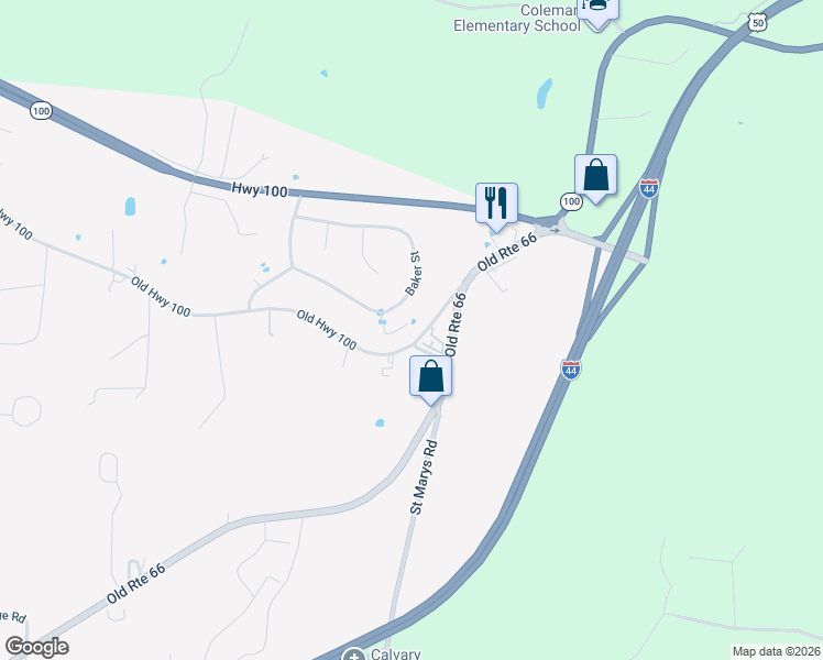 map of restaurants, bars, coffee shops, grocery stores, and more near 100 Old Highway 100 in Villa Ridge