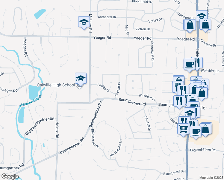 map of restaurants, bars, coffee shops, grocery stores, and more near 5530 Fireridge Court in Saint Louis