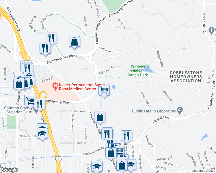 map of restaurants, bars, coffee shops, grocery stores, and more near 270 Bicentennial Way in Santa Rosa