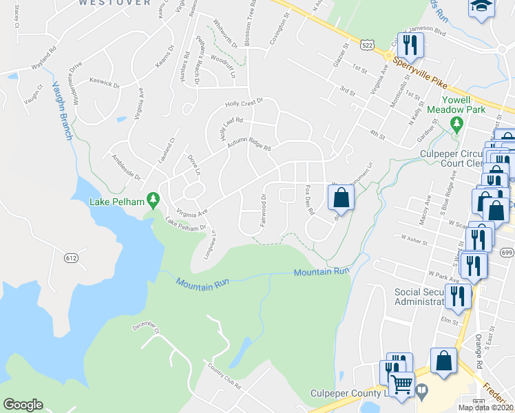 map of restaurants, bars, coffee shops, grocery stores, and more near 901 Fairtree Lane in Culpeper