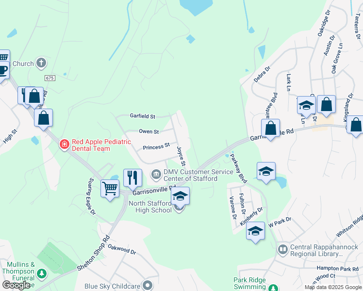 map of restaurants, bars, coffee shops, grocery stores, and more near 16 Joyce Street in Stafford