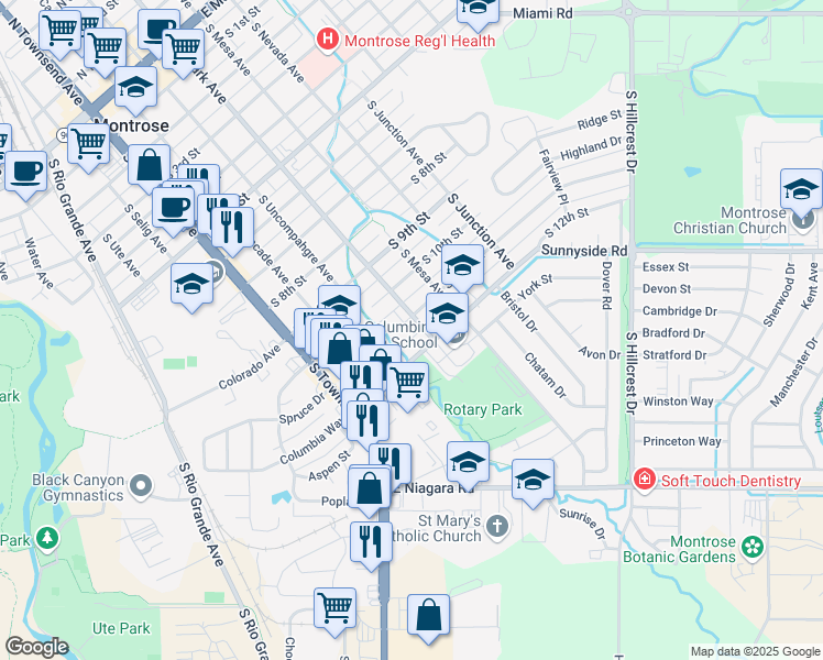 map of restaurants, bars, coffee shops, grocery stores, and more near 1102 S Park Ave in Montrose