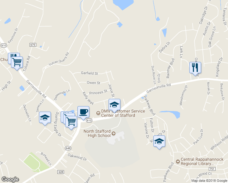 map of restaurants, bars, coffee shops, grocery stores, and more near 16 Joyce Street in Stafford