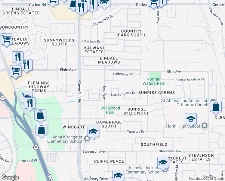 map of restaurants, bars, coffee shops, grocery stores, and more near 7824 Creek Valley Circle in Sacramento