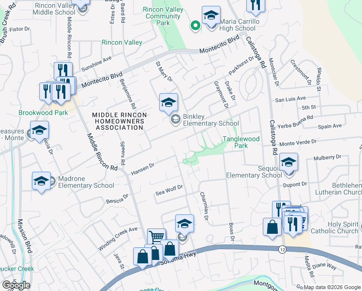 map of restaurants, bars, coffee shops, grocery stores, and more near 4918 Oak Park Way in Santa Rosa