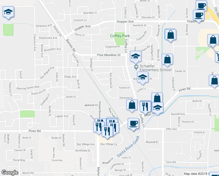 map of restaurants, bars, coffee shops, grocery stores, and more near 3447 San Sonita Drive in Santa Rosa