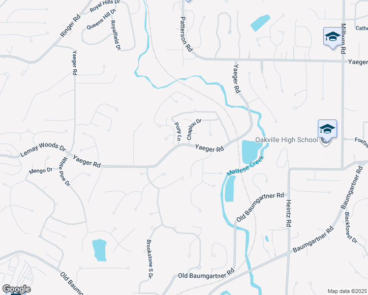 map of restaurants, bars, coffee shops, grocery stores, and more near 3590 Yaeger Road in St. Louis