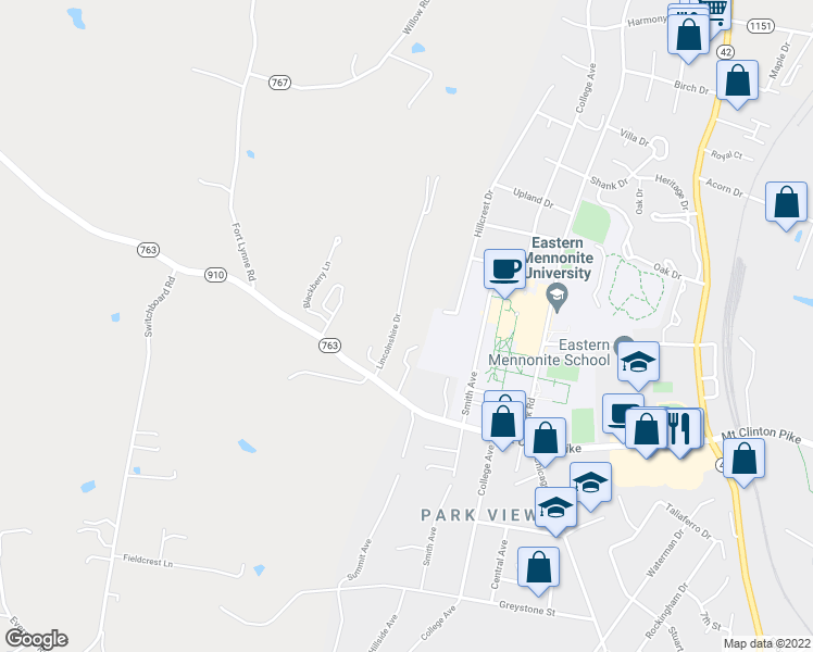 map of restaurants, bars, coffee shops, grocery stores, and more near 1160 Lincolnshire Drive in Harrisonburg