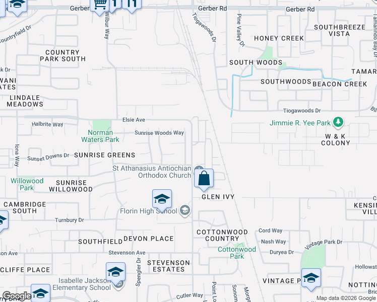 map of restaurants, bars, coffee shops, grocery stores, and more near 8533 Sunrise Woods Way in Sacramento