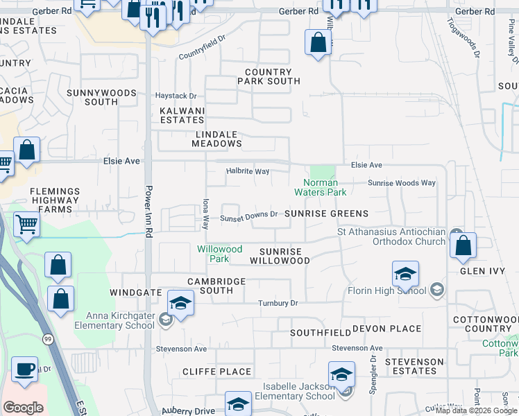 map of restaurants, bars, coffee shops, grocery stores, and more near 7862 Trout Creek Court in Sacramento