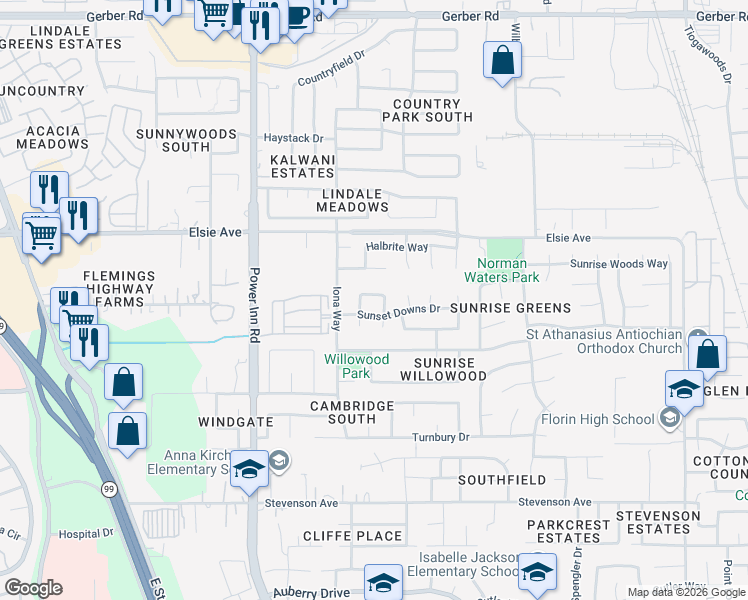 map of restaurants, bars, coffee shops, grocery stores, and more near 7824 Creek Valley Circle in Sacramento