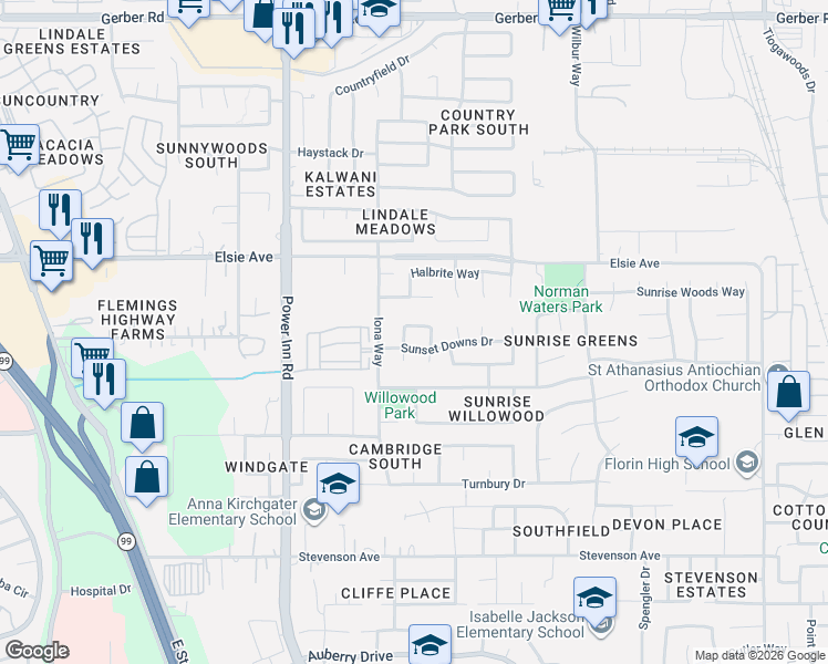 map of restaurants, bars, coffee shops, grocery stores, and more near 7824 Creek Valley Circle in Sacramento