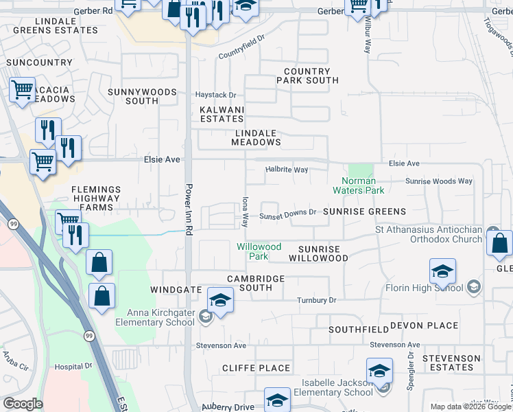 map of restaurants, bars, coffee shops, grocery stores, and more near 7824 Creek Valley Circle in Sacramento